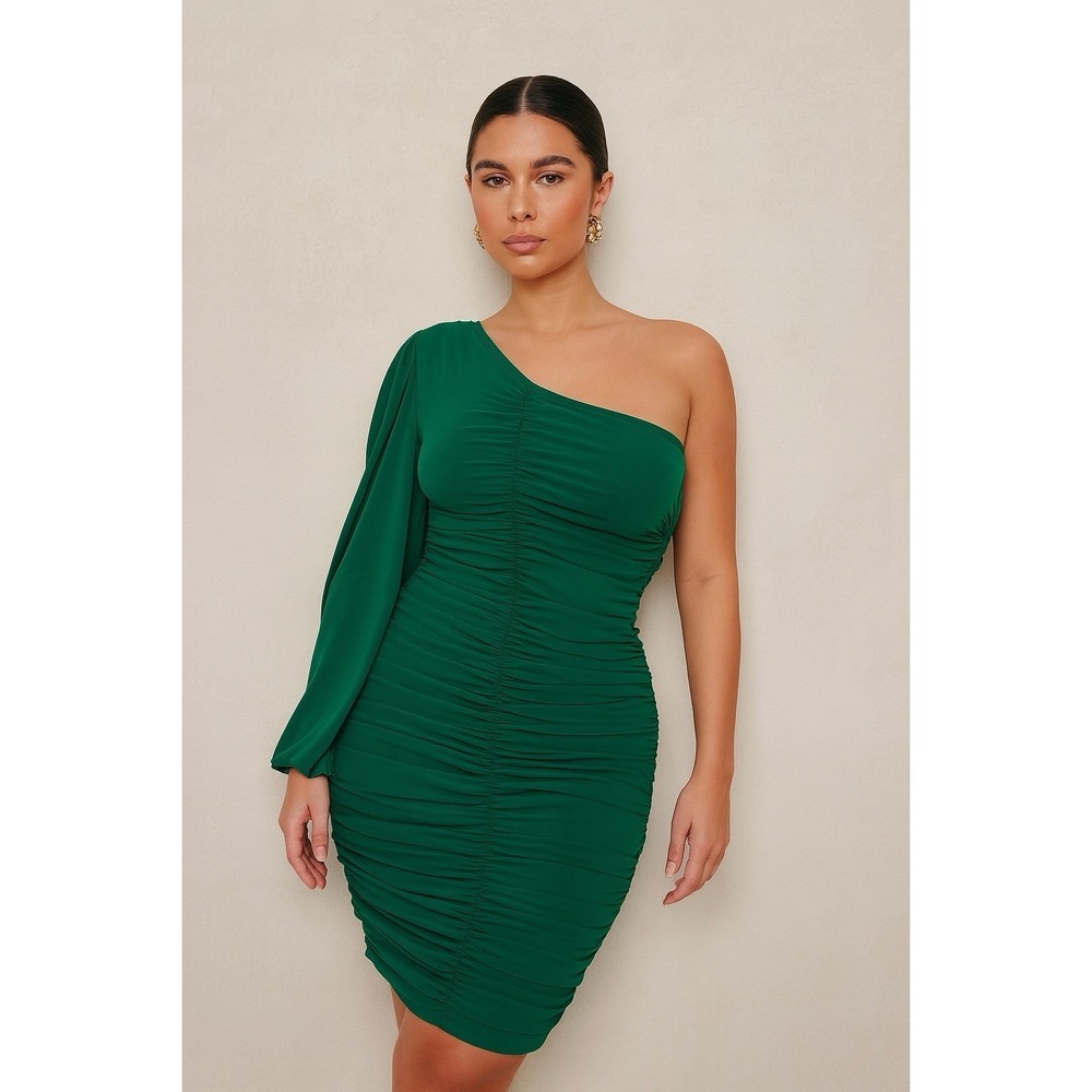 Green One Shoulder Mini dress Juniors Large ruched Bodycon Party Club Homecoming